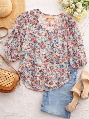Hope & Harlow Floral Blouse Size S Sheer Boho Puff Sleeve Top NWT